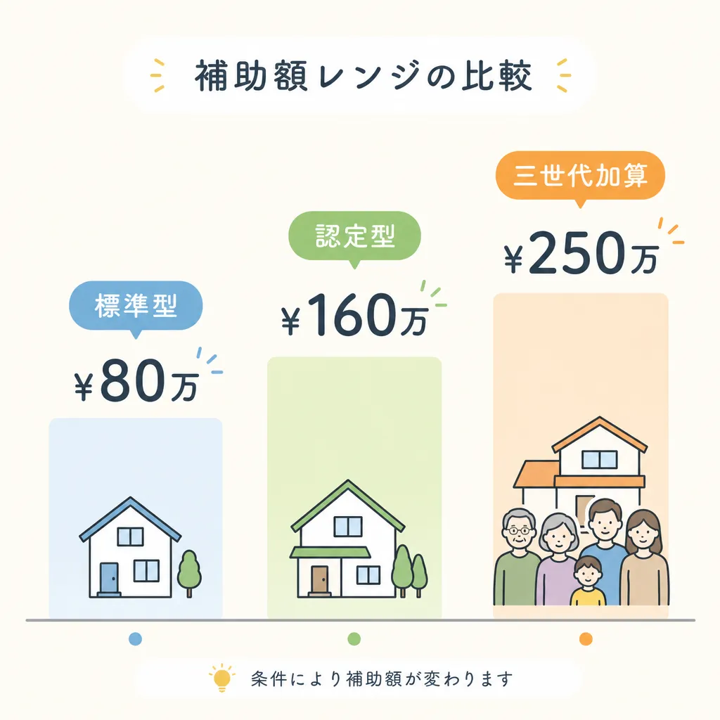 長期優良住宅化リフォーム 補助額レンジ（標準/認定/三世代加算）