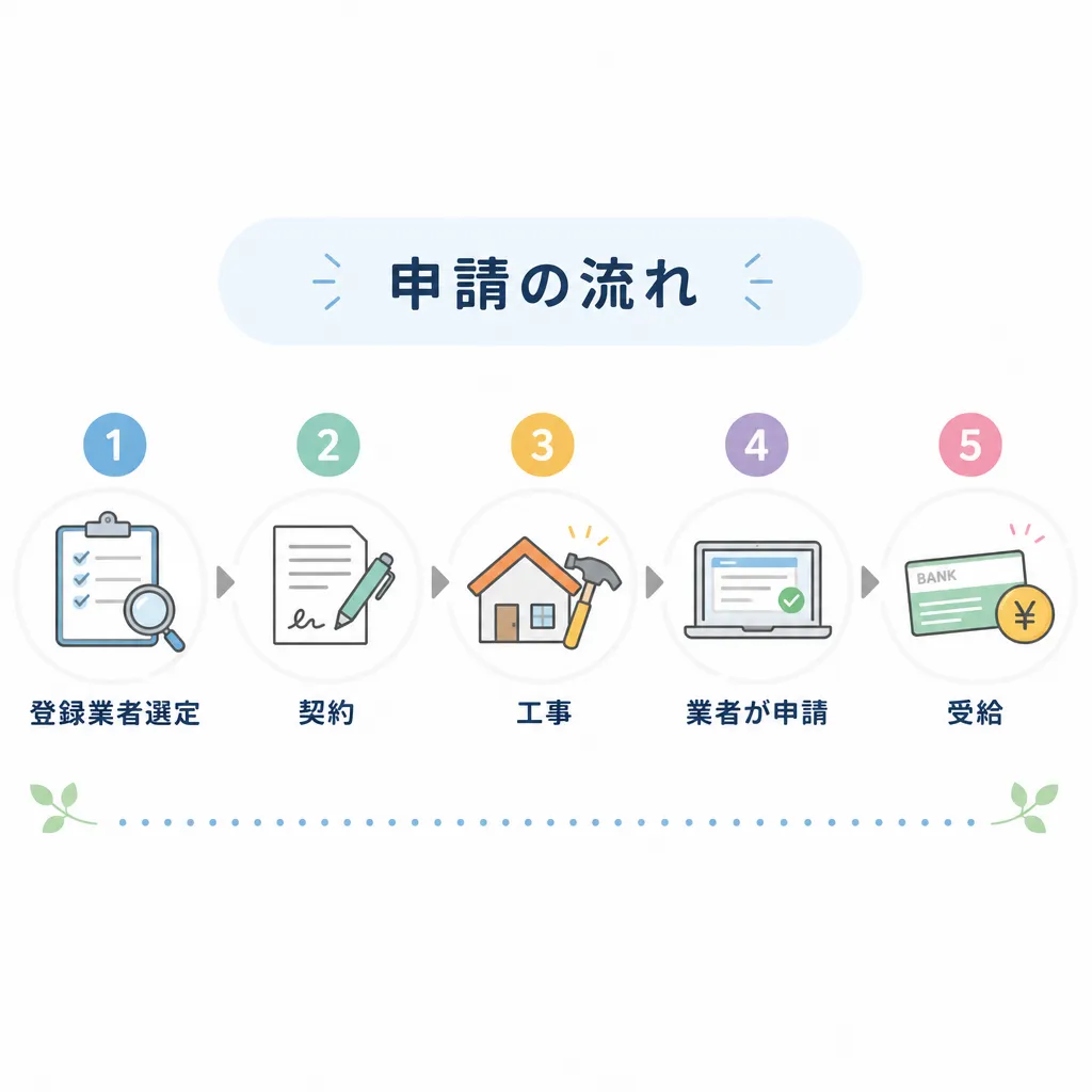 エコキュート補助金の申請ステップを示すフロー図