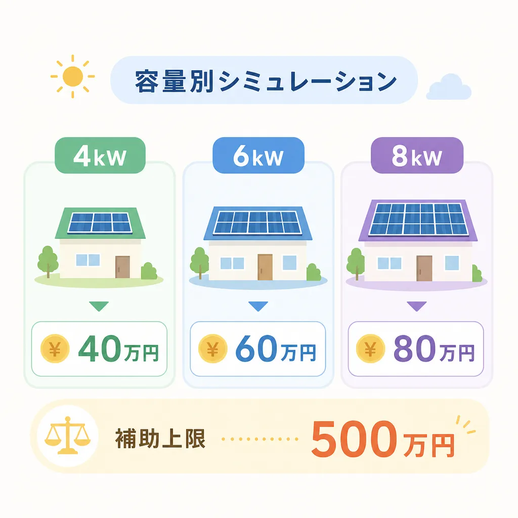 容量別の補助額シミュレーション(4kW/6kW/8kW)