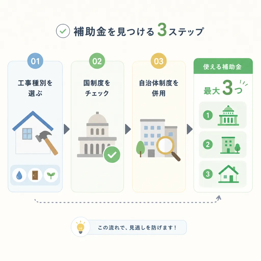 リフォーム補助金の判断フロー(3ステップ)
