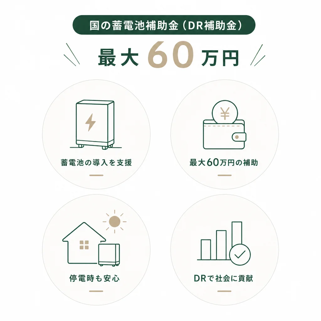 国の蓄電池補助金（DR補助金）— 最大60万円