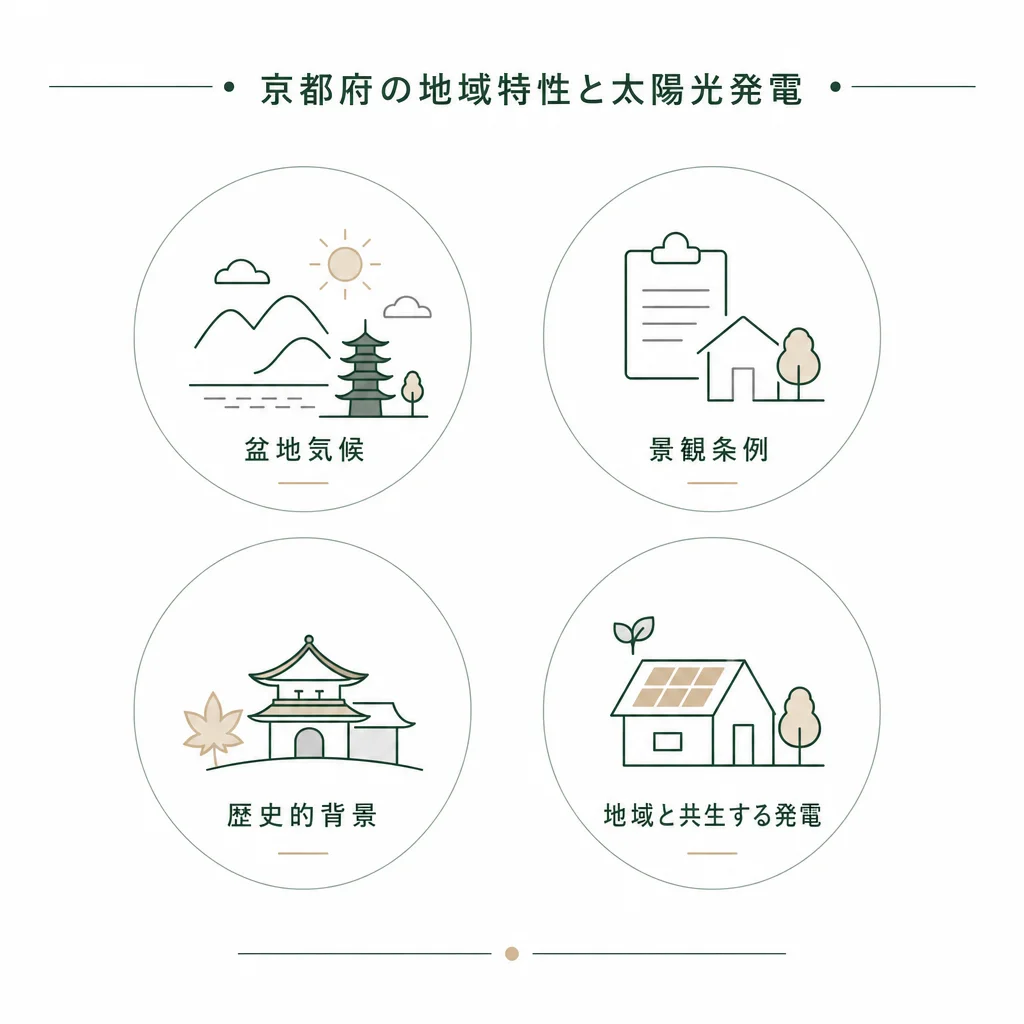 京都府の地域特性と太陽光発電 — 盆地気候・景観条例・歴史的背景