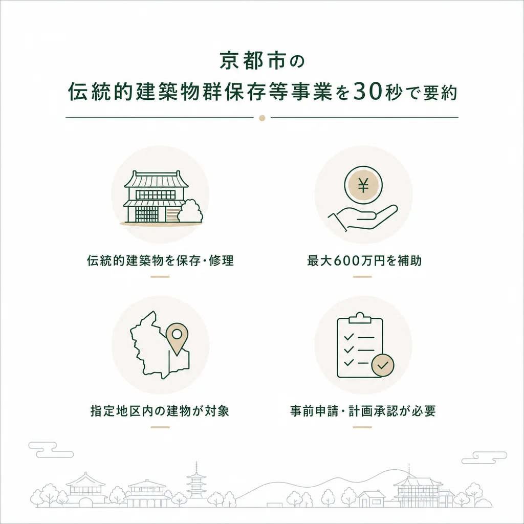 京都市の「伝統的建築物群保存等事業」を30秒で要約