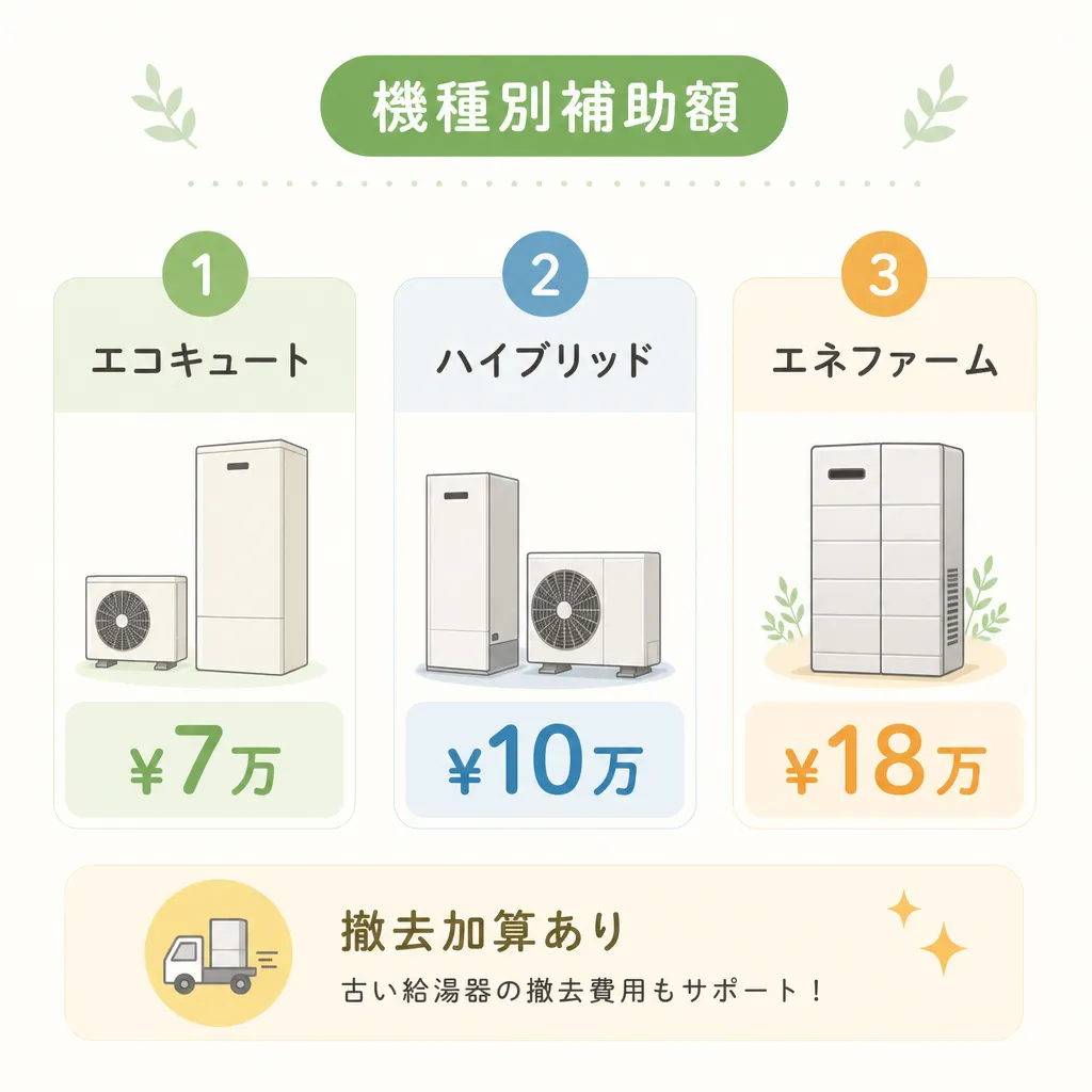 給湯器3機種別の補助額（エコキュート/ハイブリッド/エネファーム）