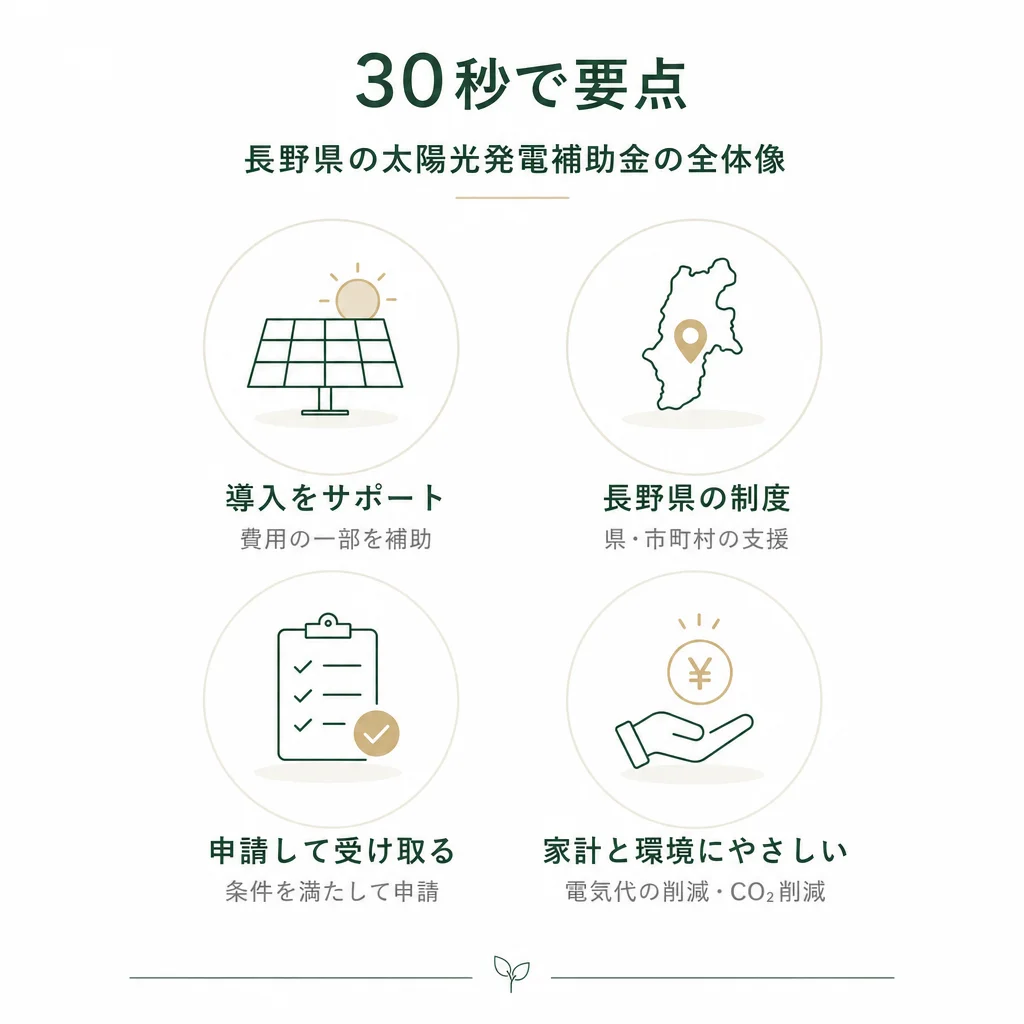 30秒で要点 — 長野県の太陽光発電補助金の全体像