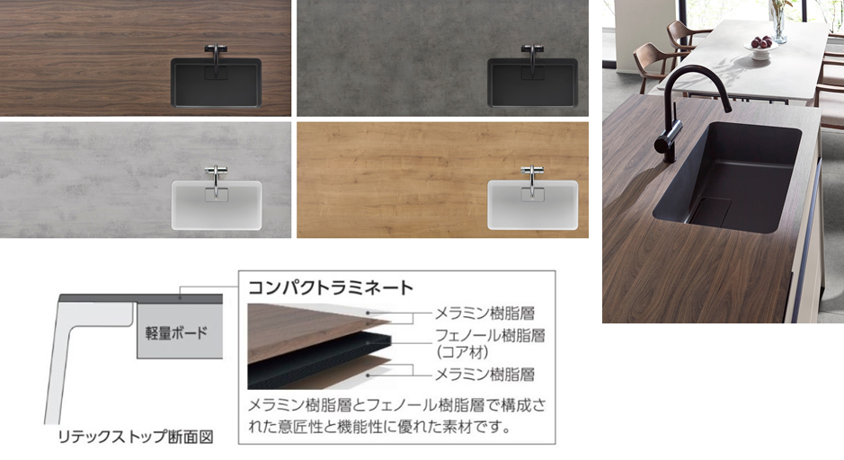 LIXIL公式のリテックス トップの色柄と断面構成の説明画像