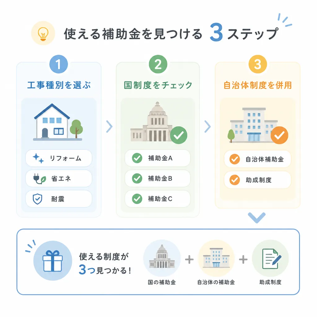 リフォーム補助金の判断フロー（3ステップで使える3つを見つける）