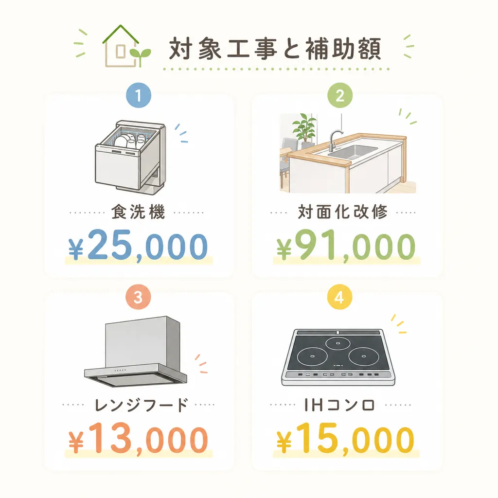 キッチンリフォーム補助金の対象工事と補助額の一覧