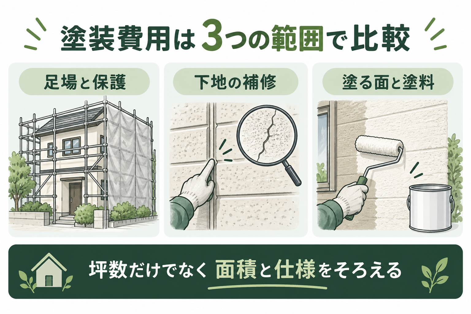 外壁塗装の見積もりを足場と保護、下地の補修、塗る面と塗料の3つに分けた図