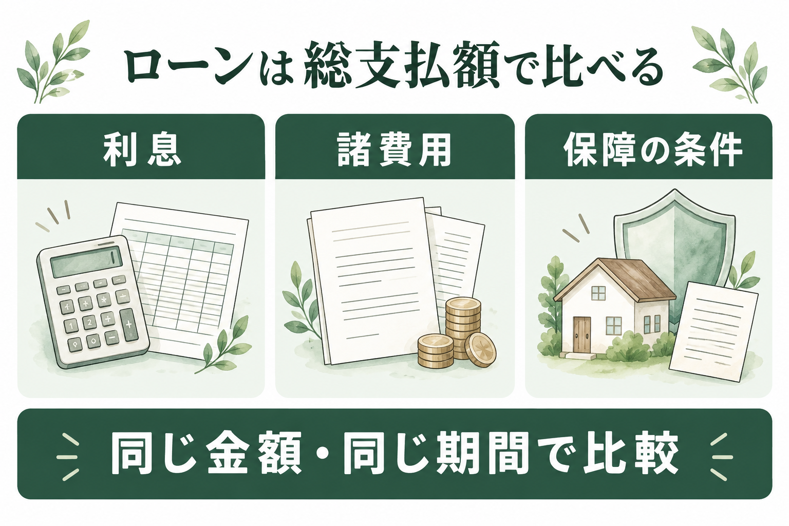 利息、諸費用、保障の条件を、同じ借入額と期間で比較する概念図