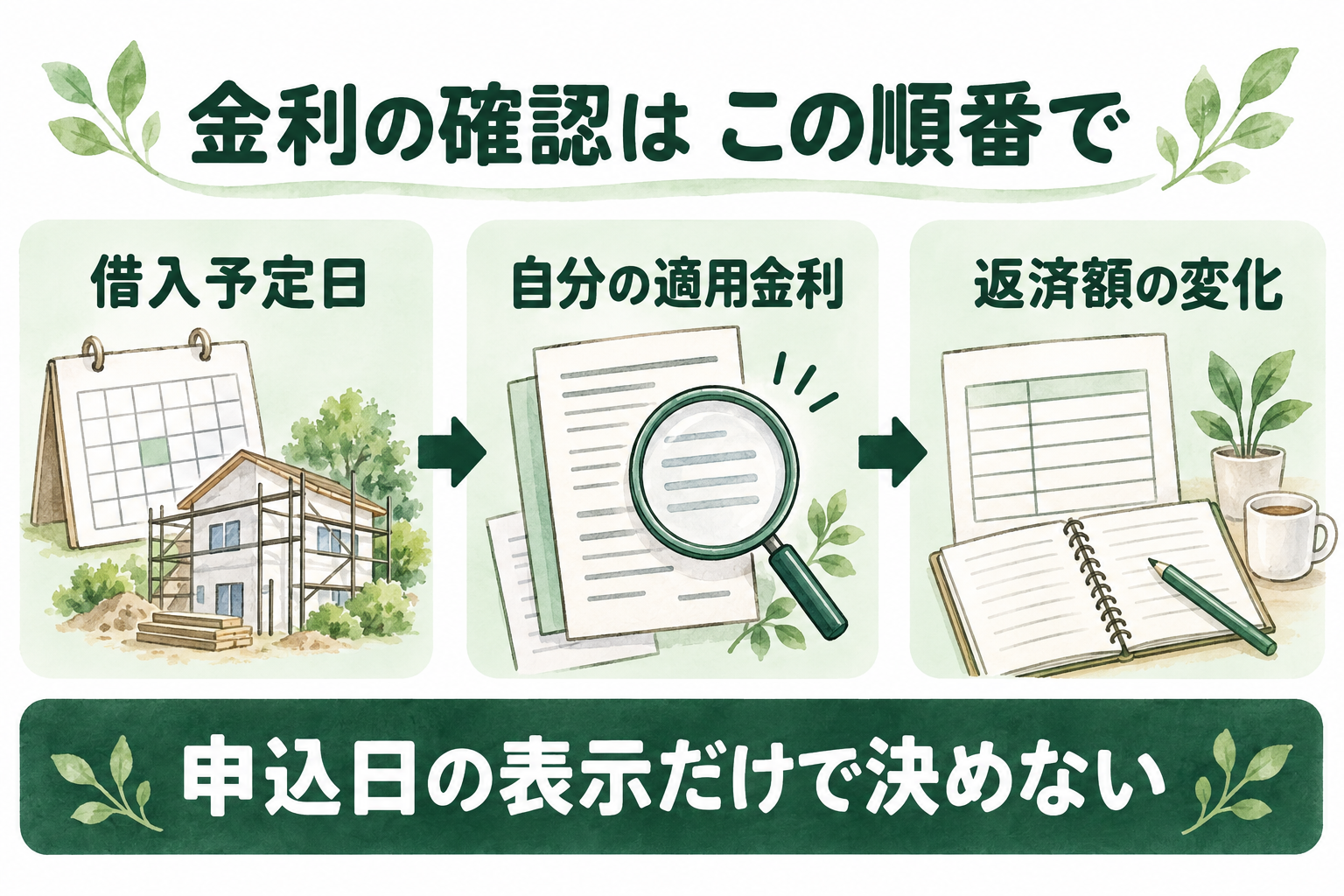 借入予定日、自分の適用金利、返済額の変化の順に確認する概念図