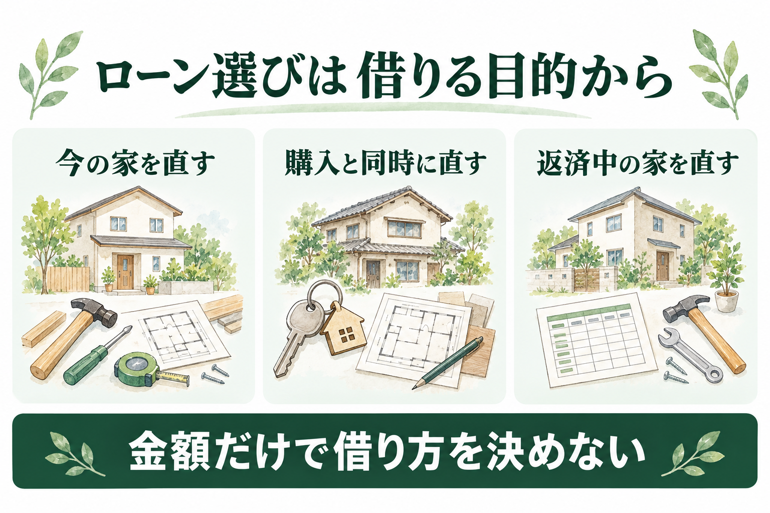 今の家を直す、購入と同時に直す、返済中の家を直すという3つの資金相談の場面を示す概念図