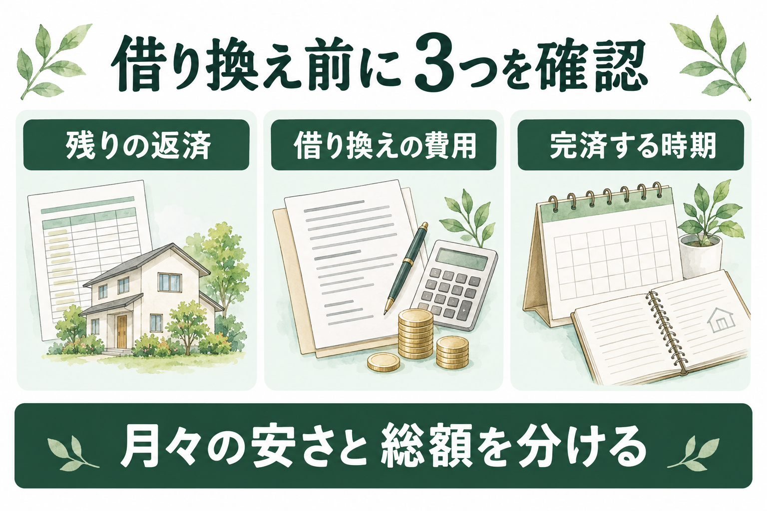 残りの返済、借り換え費用、完済時期の3点を確認し、月々の安さと総額を分けて考える概念図