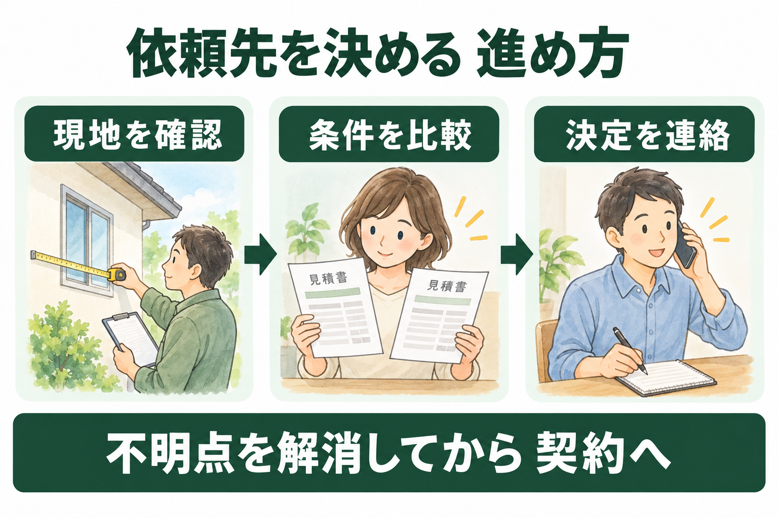 現地確認、条件比較、依頼先の決定連絡という相見積もりの進め方