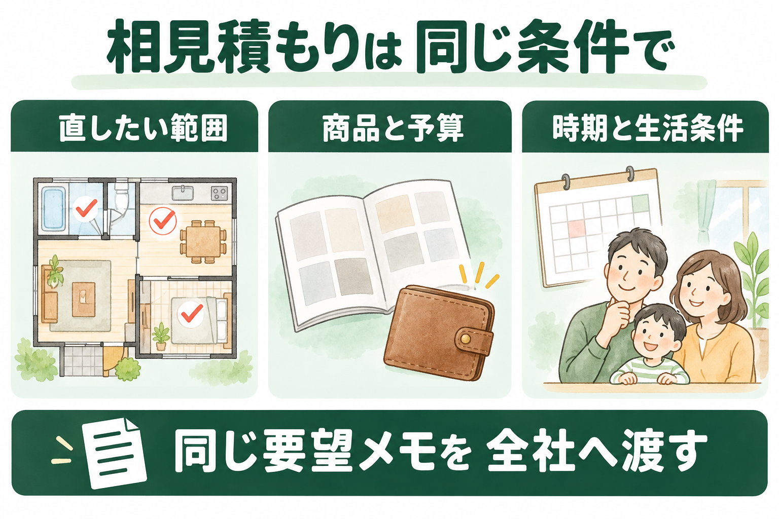 直したい範囲、商品と予算、時期と生活条件をそろえて各社へ伝える図