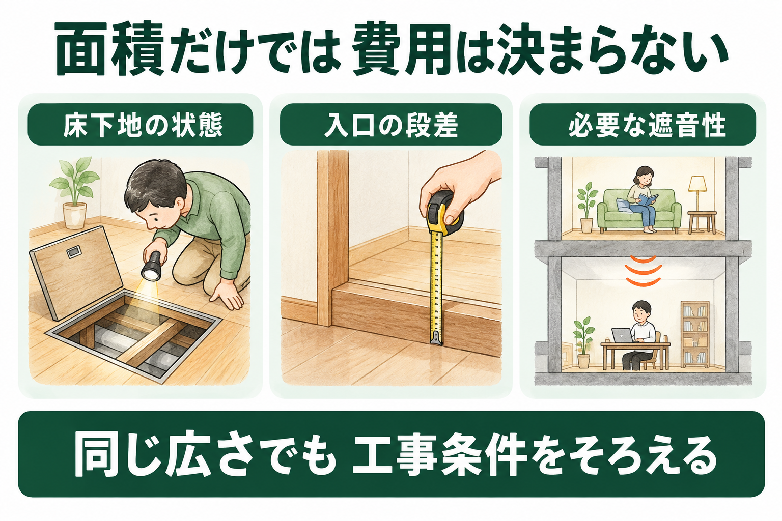 費用を左右する床下地の状態、入口の段差、必要な遮音性の3条件
