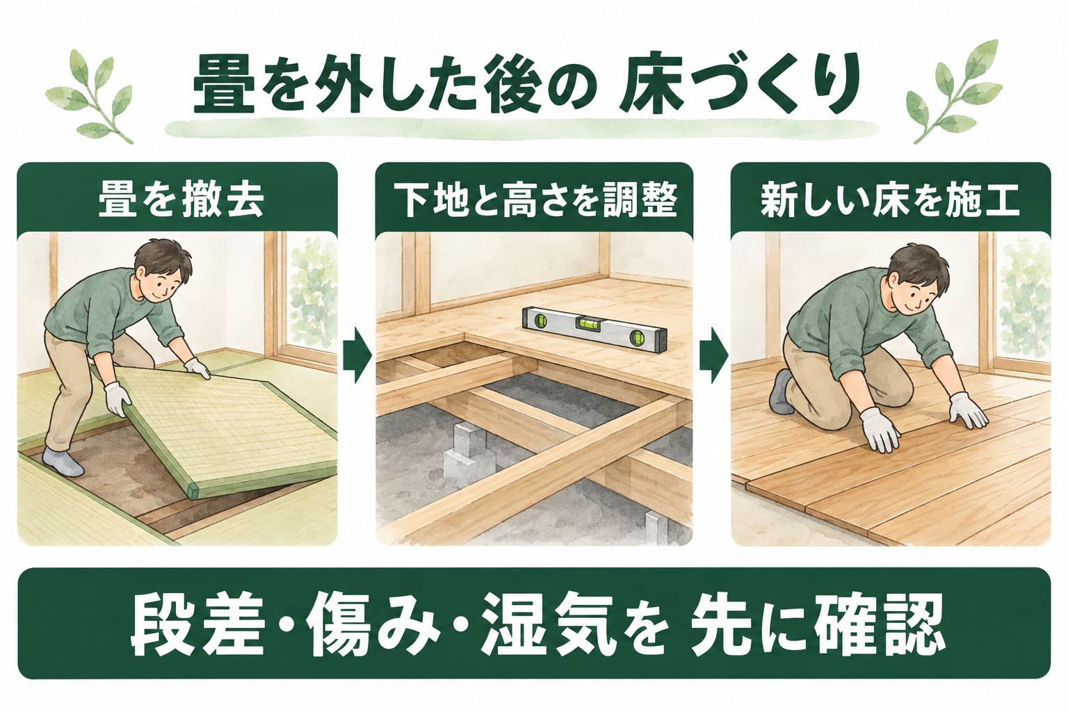 畳を撤去し、下地と高さを調整してから、新しい床を施工する流れ