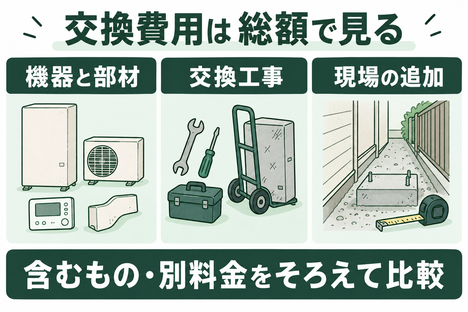 エコキュート交換費用を機器と部材、交換工事、現場の追加に分けて比較する図