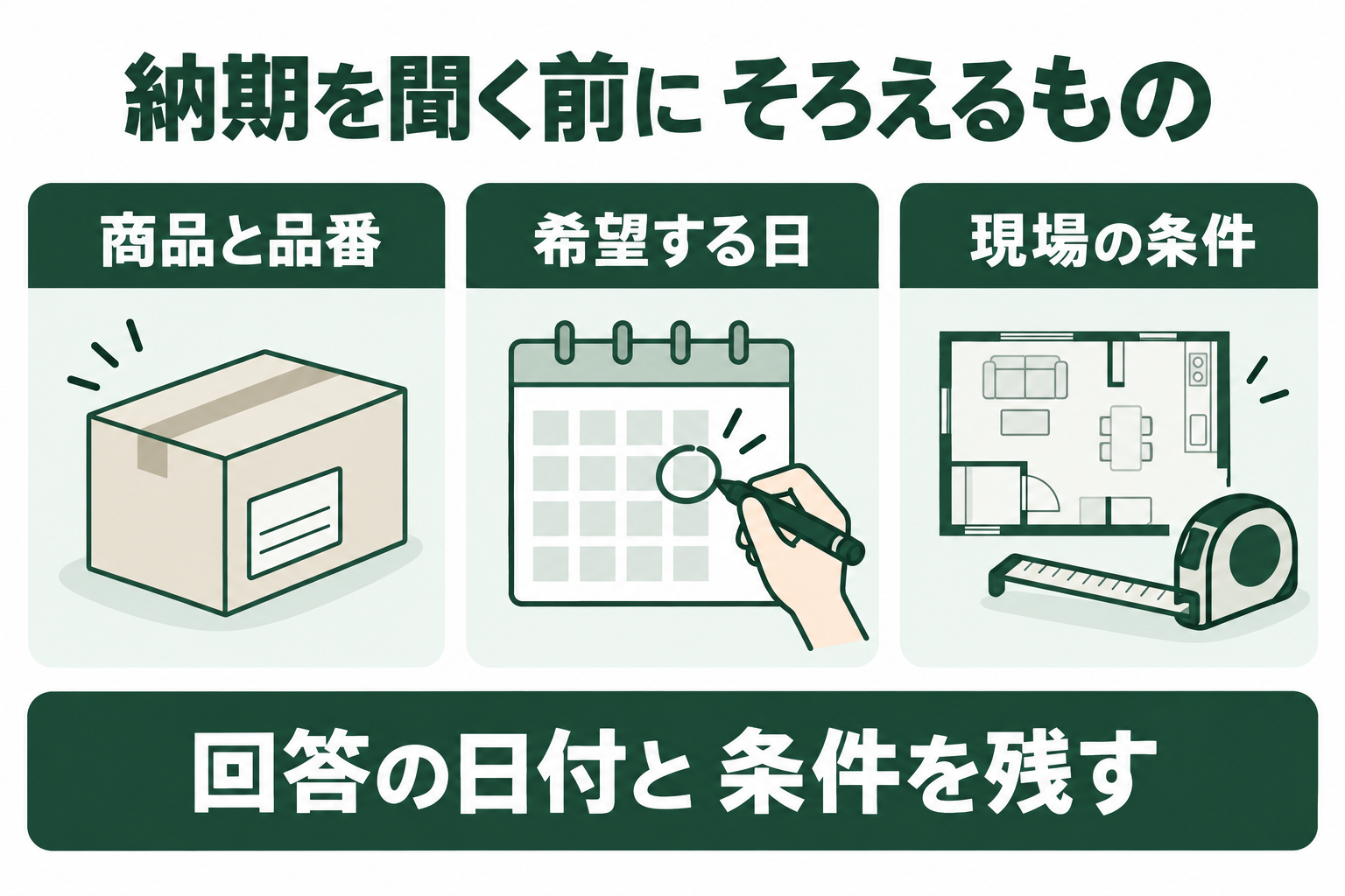 納期の問い合わせに必要な商品と品番、希望する日、現場の条件をまとめた図