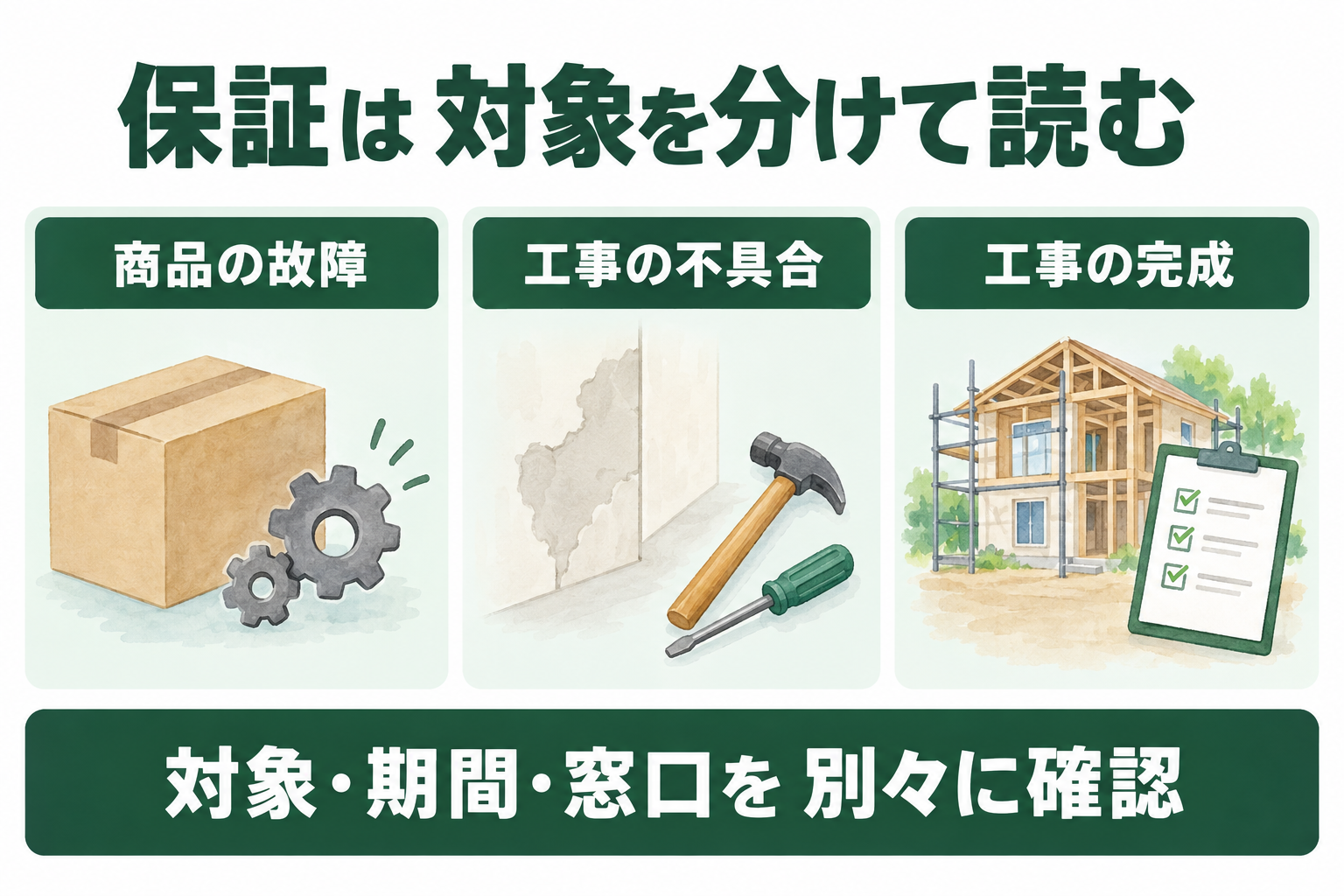 商品の故障、工事の不具合、工事の完成を分け、対象と期間と窓口を個別に確認する図