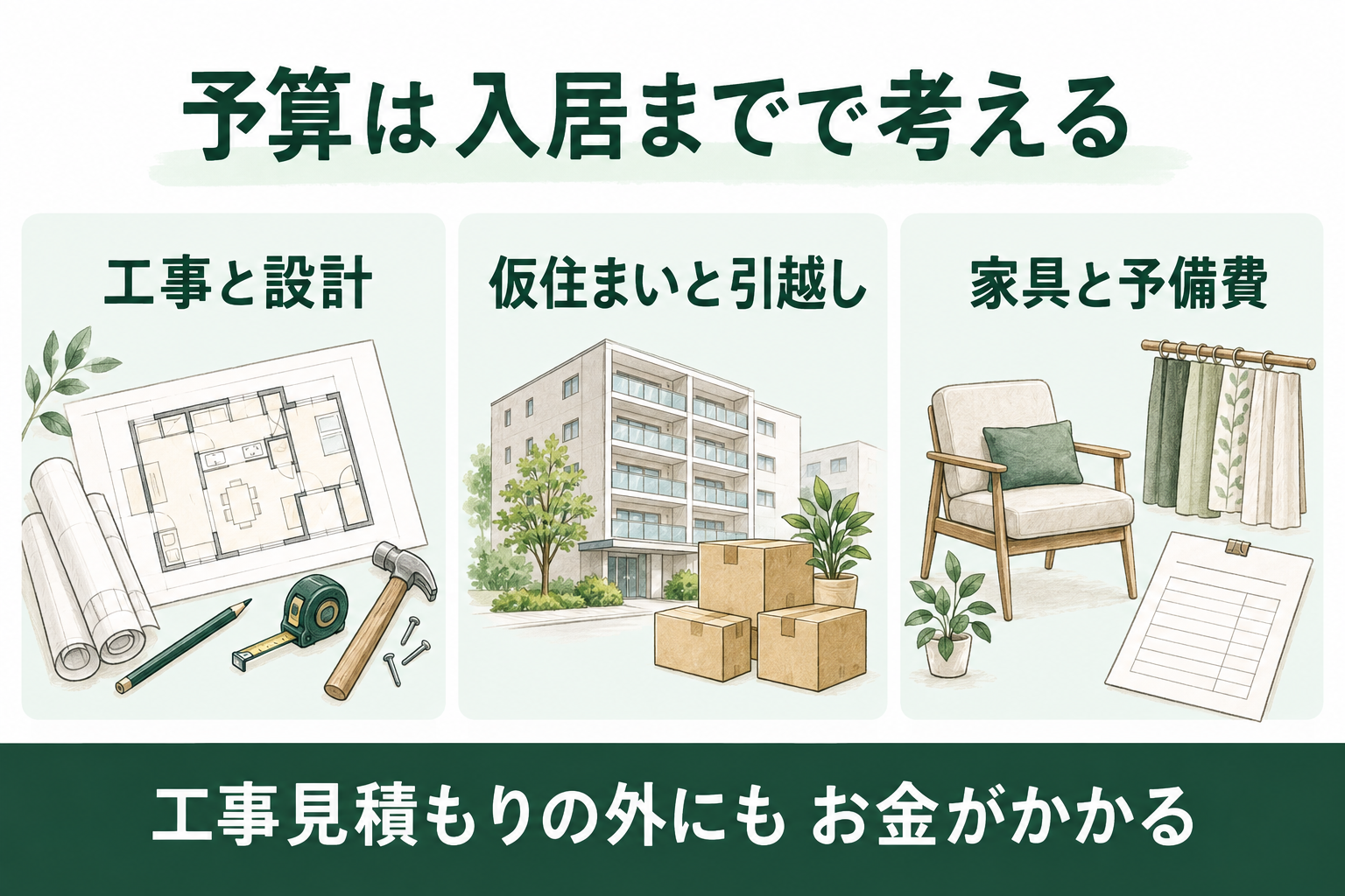 マンション改修の総予算を工事と設計、仮住まいと引越し、家具と予備費に分ける図