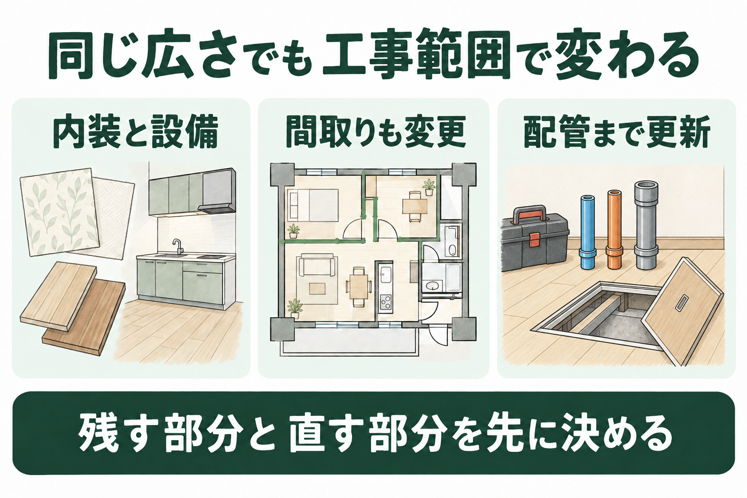 マンションの全面改修を内装と設備、間取りも変更、配管まで更新の3つの範囲で比較する図
