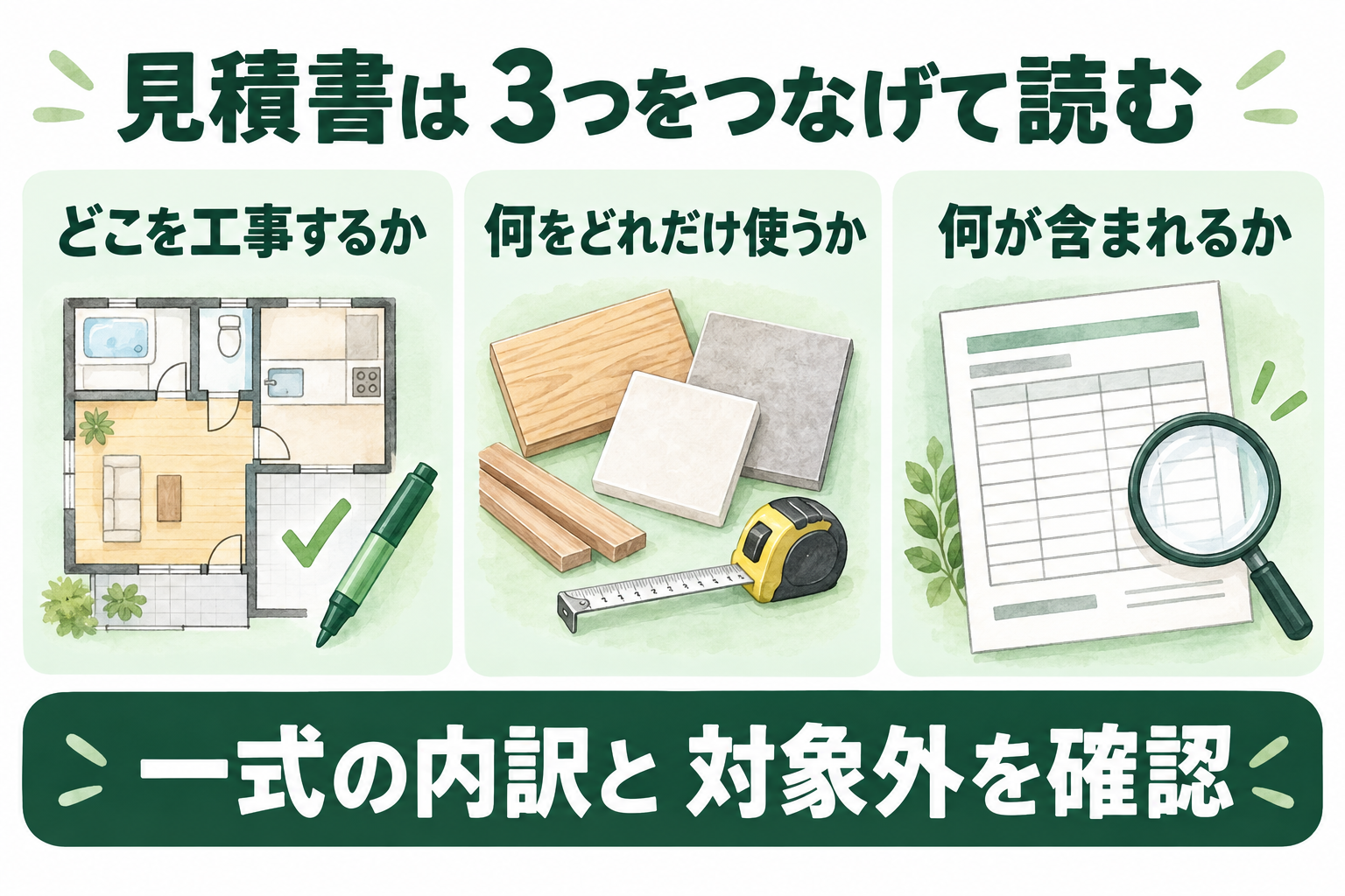 見積書の工事場所、材料と数量、含まれる作業を照合する3つの確認点