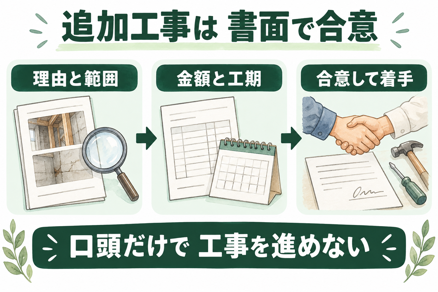 追加工事の理由と範囲、金額と工期を確認し、合意してから着手する手順