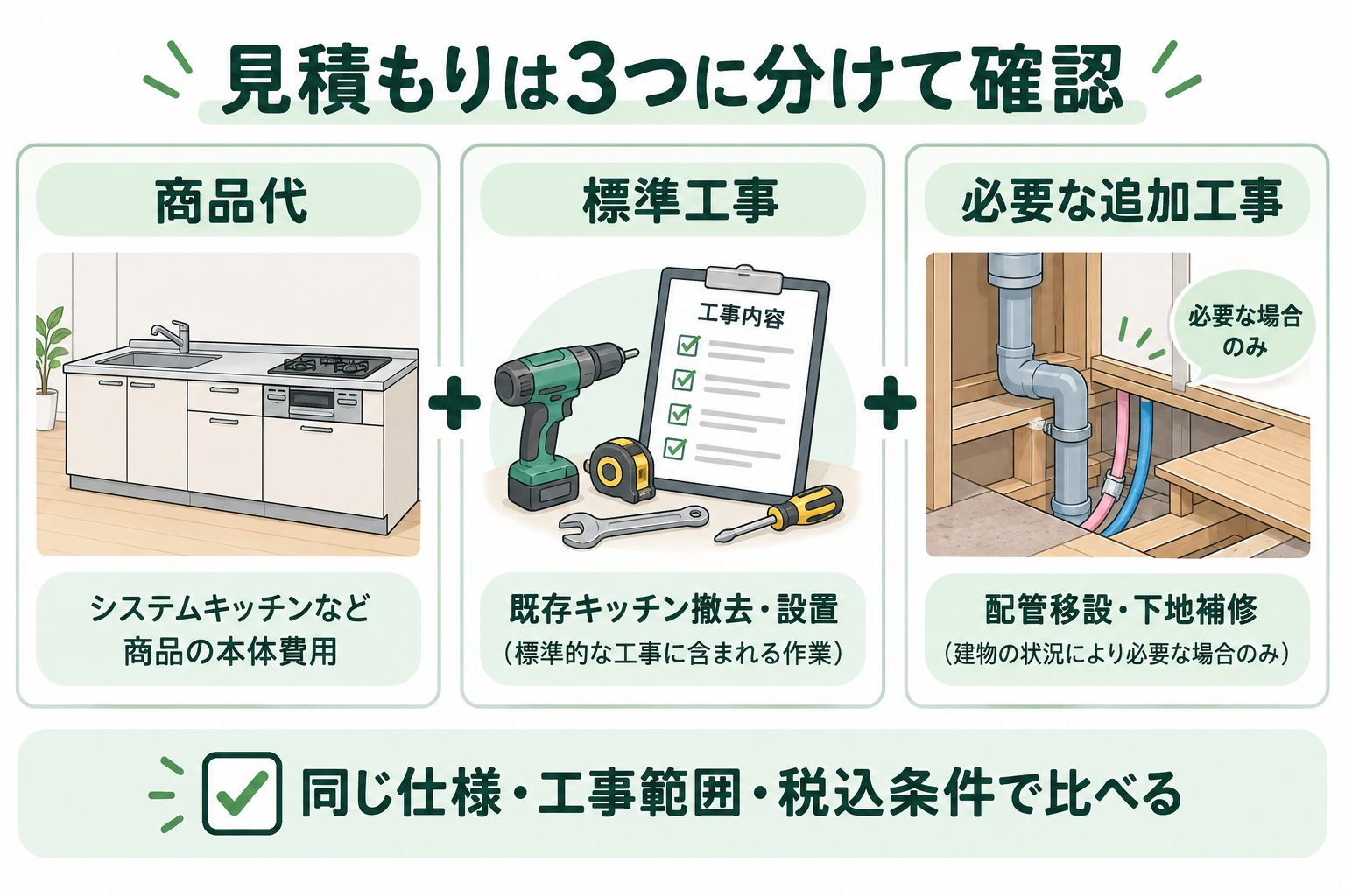 商品代と標準工事、追加工事を別にして比較するキッチン見積もりの説明図