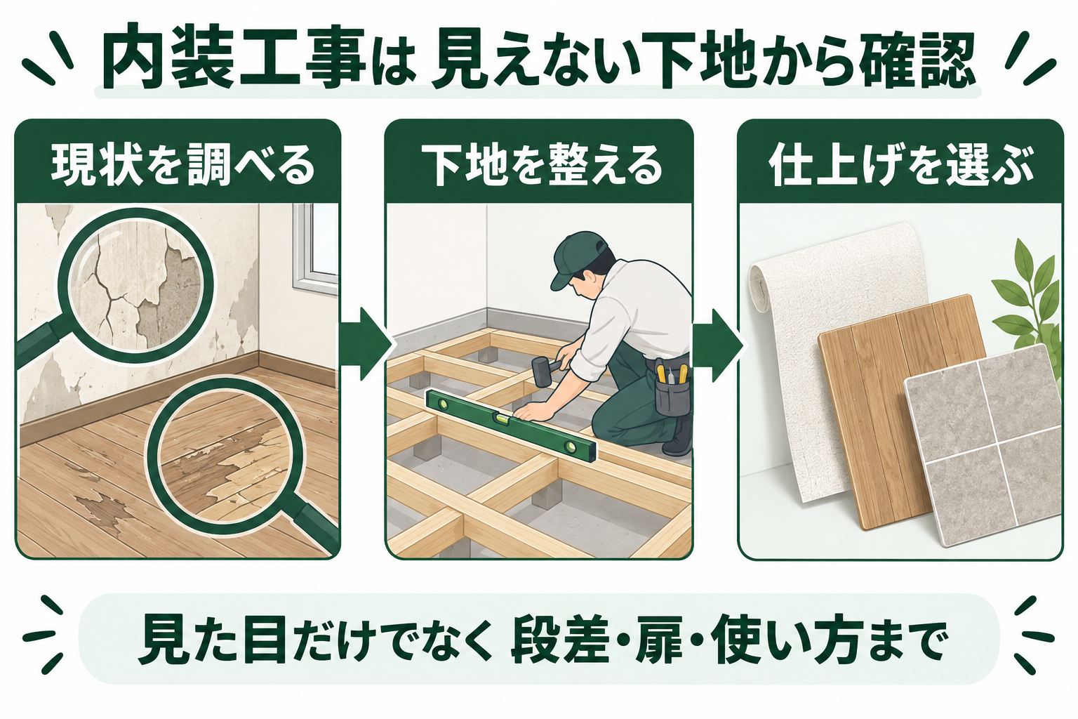 現状の下地を調べ、必要な補修と仕上げを分けて考える図