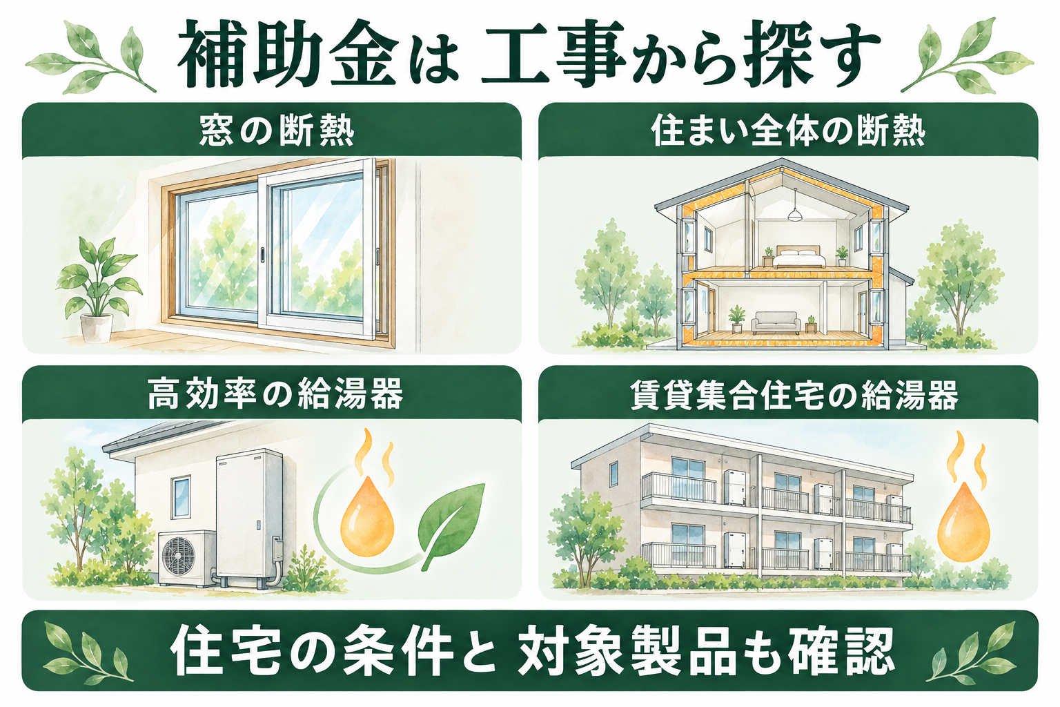 窓の断熱、住まいの断熱、高効率給湯器、賃貸集合住宅の給湯器という四つの入口から制度を探す概念図