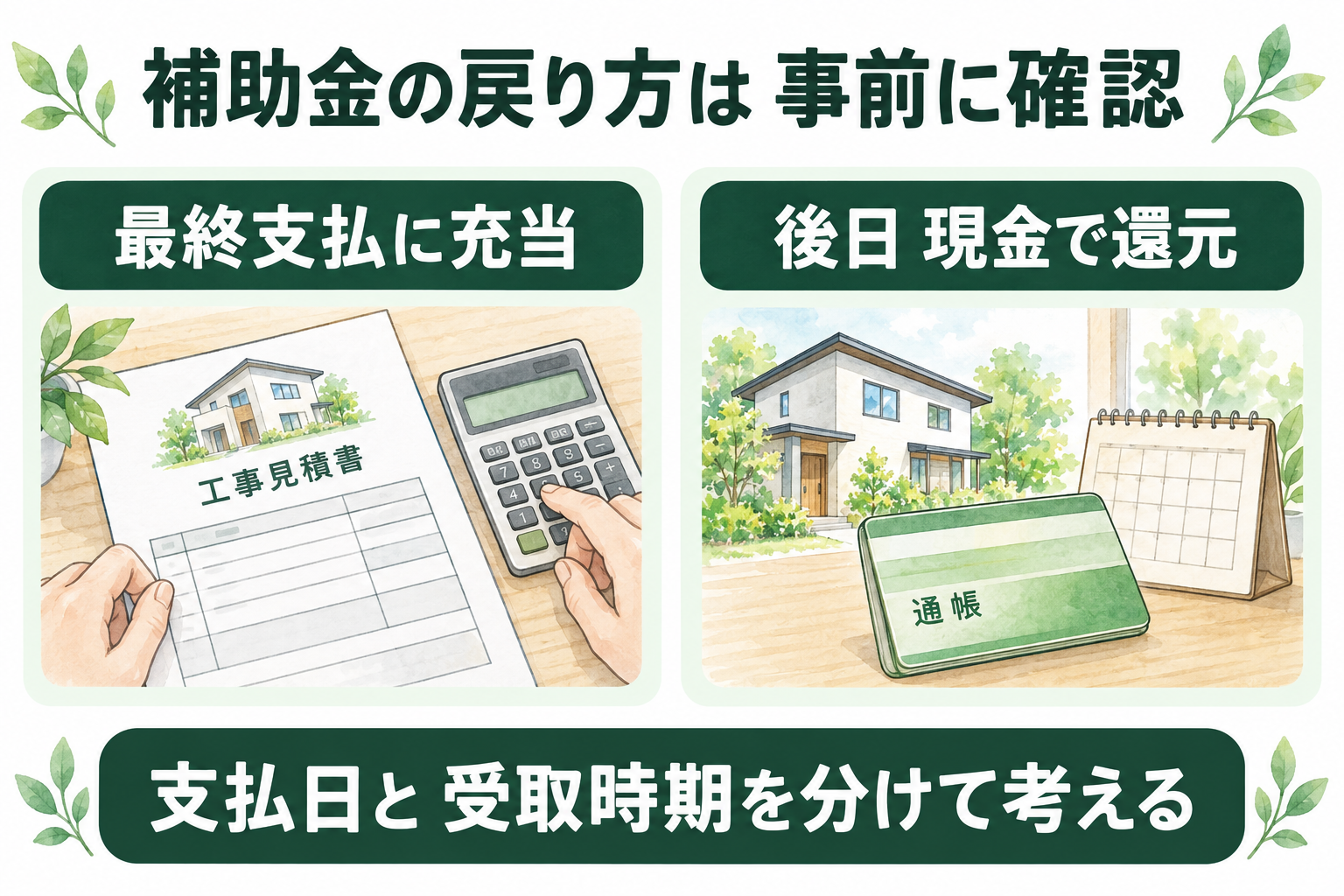 補助金を最終支払へ充当する方法と、後日現金で還元する方法を分けて確認する概念図