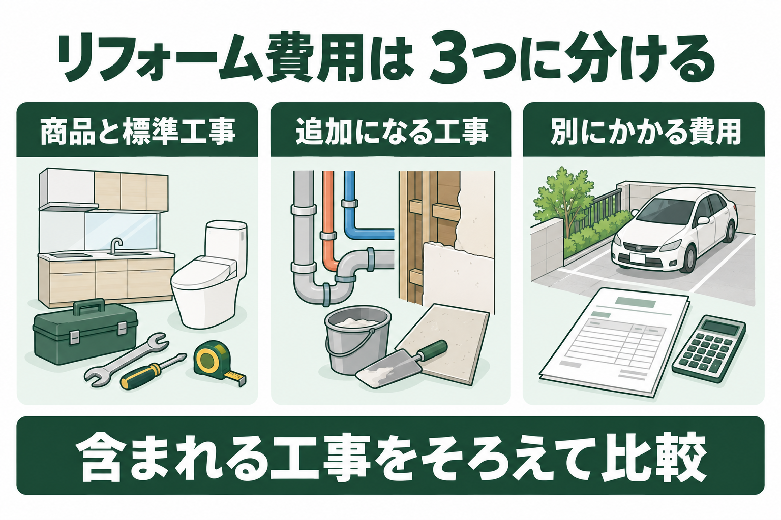 商品と標準工事、追加工事、別にかかる費用を分けて確認する図解