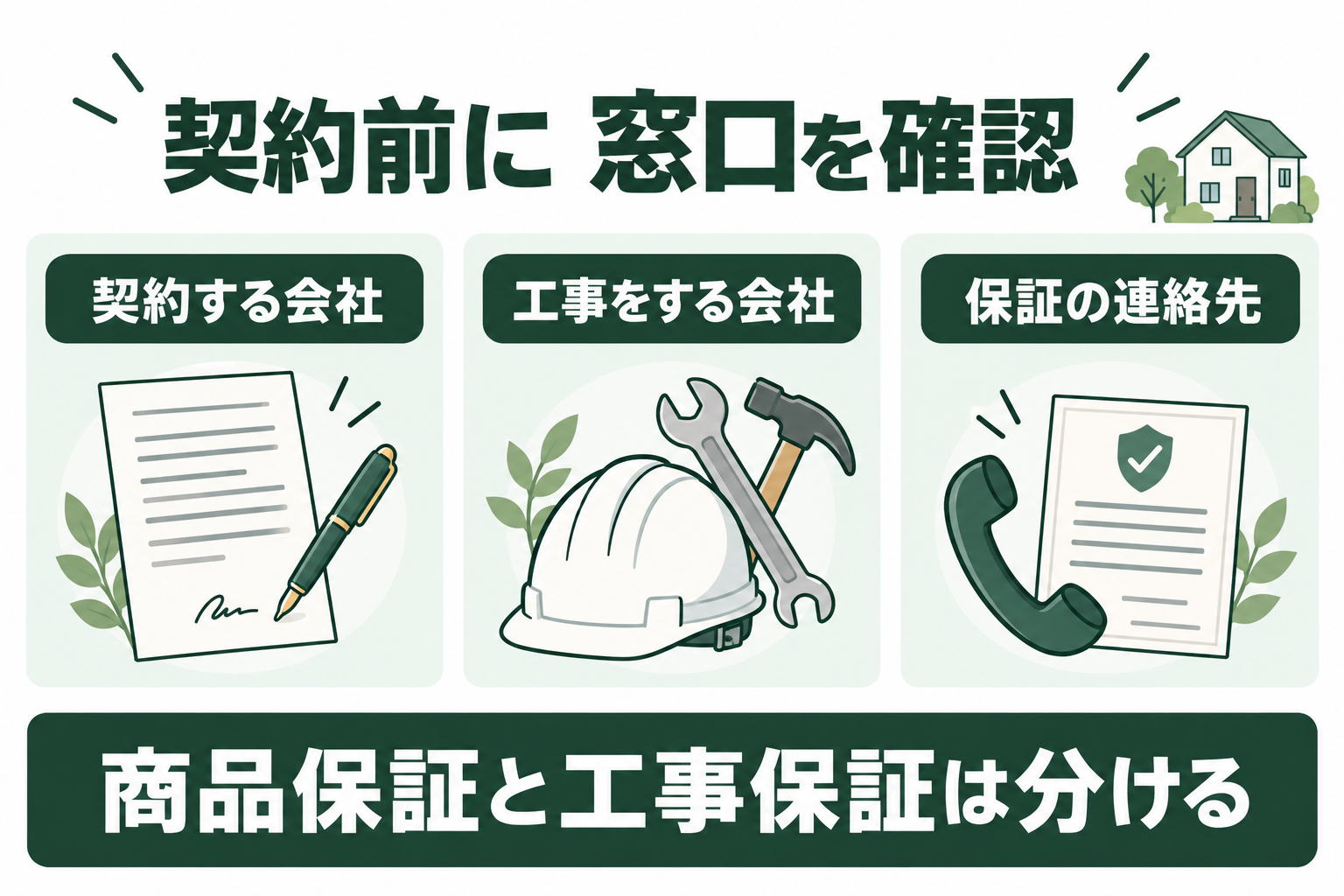 商品保証、工事保証、連絡窓口を分けて確認する図解