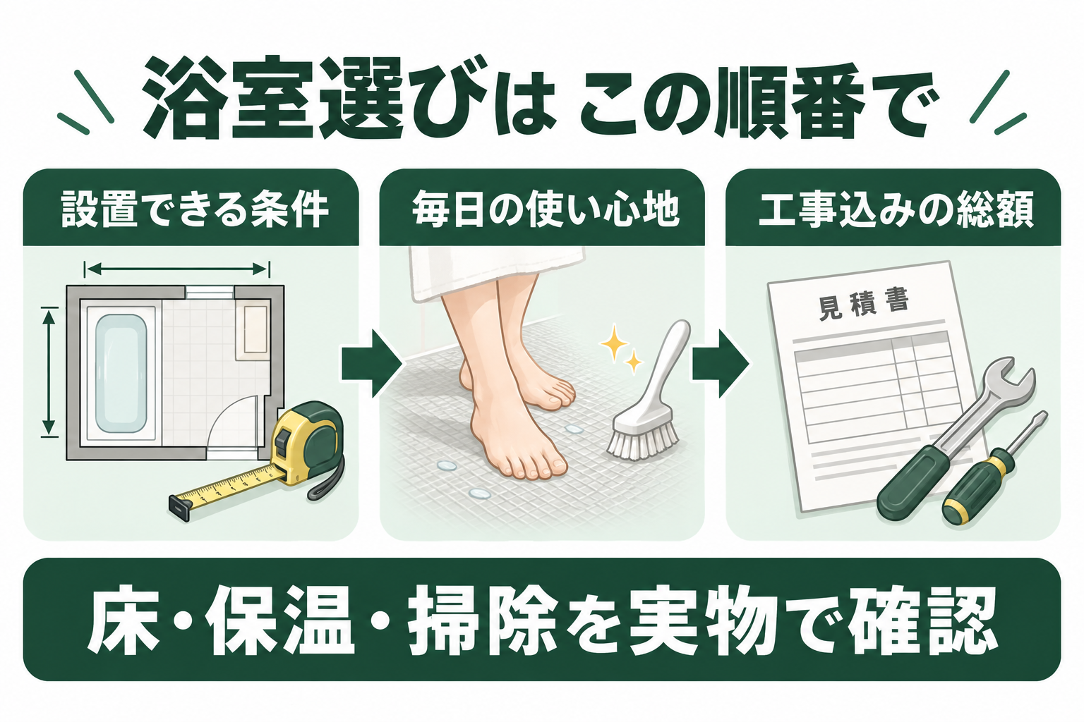 設置条件、毎日の使い心地、工事込みの総額の順で浴室を選ぶ図解