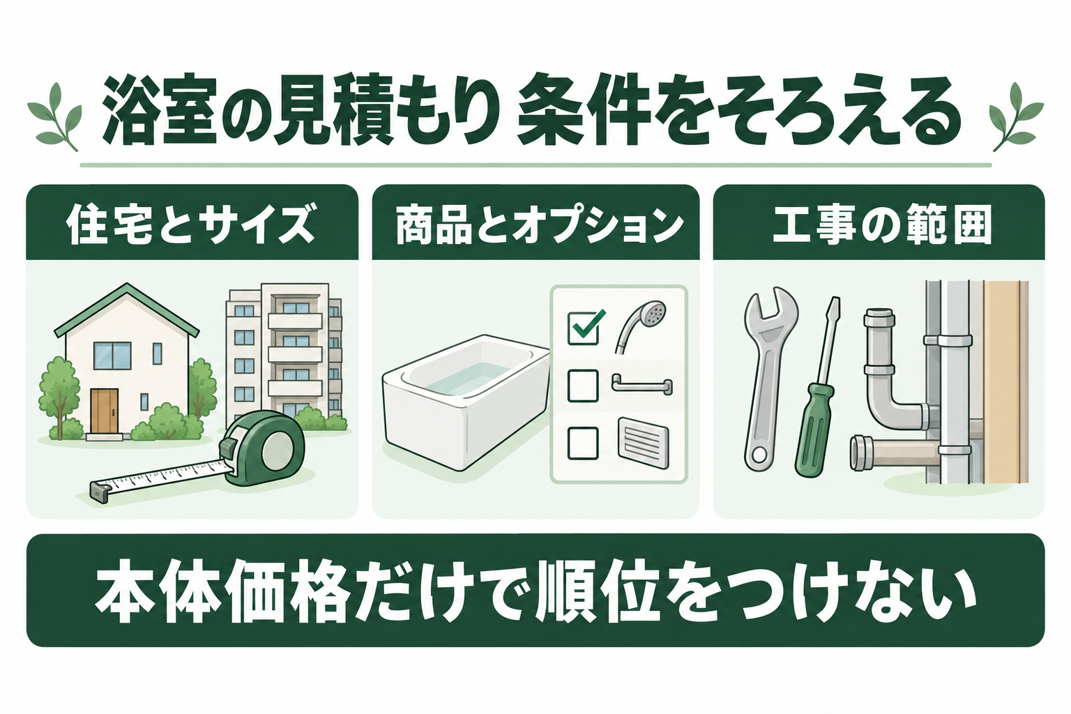 住宅とサイズ、商品とオプション、工事範囲を揃えて浴室を比較する図解