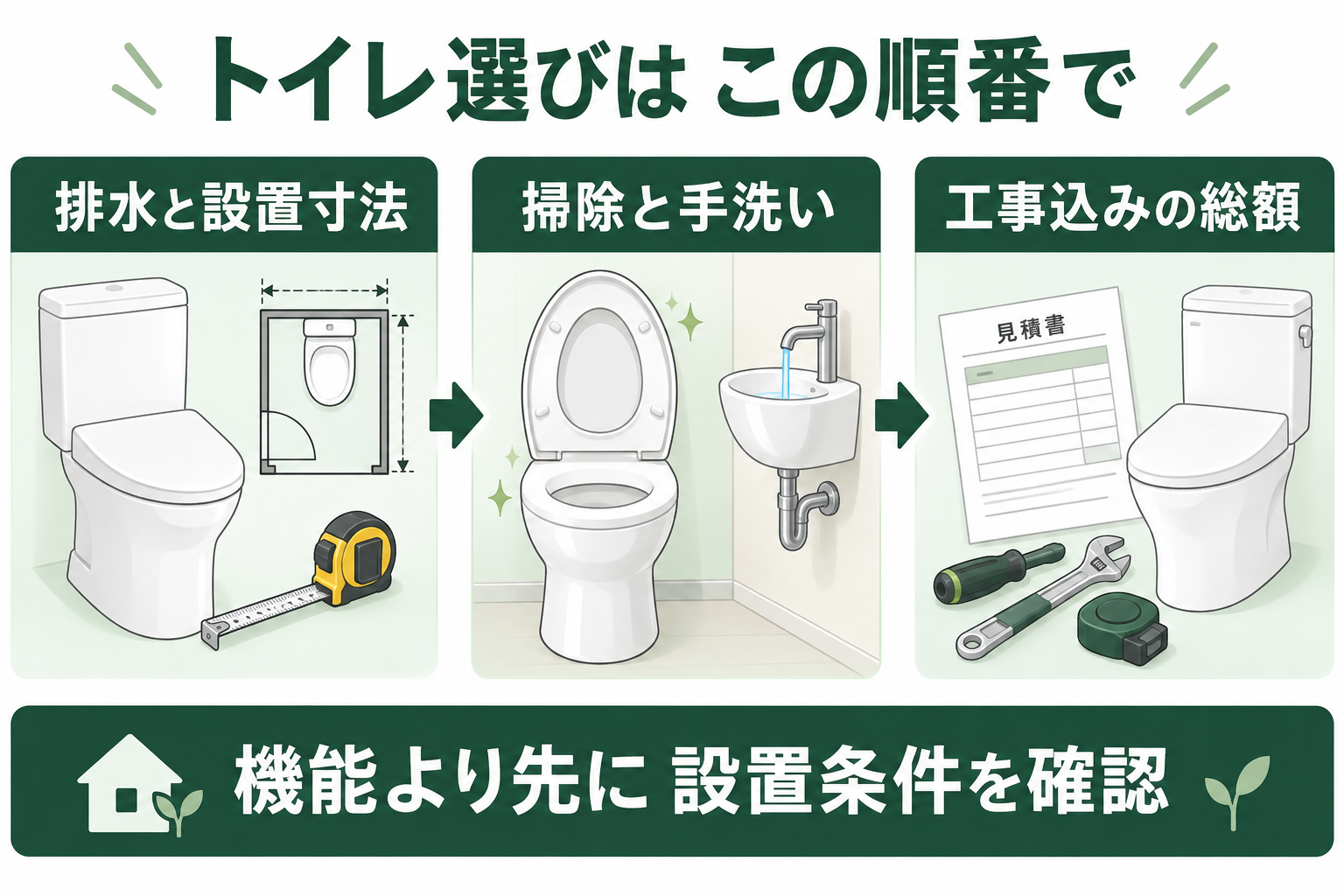 排水と設置寸法、掃除と手洗い、工事総額の順にトイレを選ぶ図解