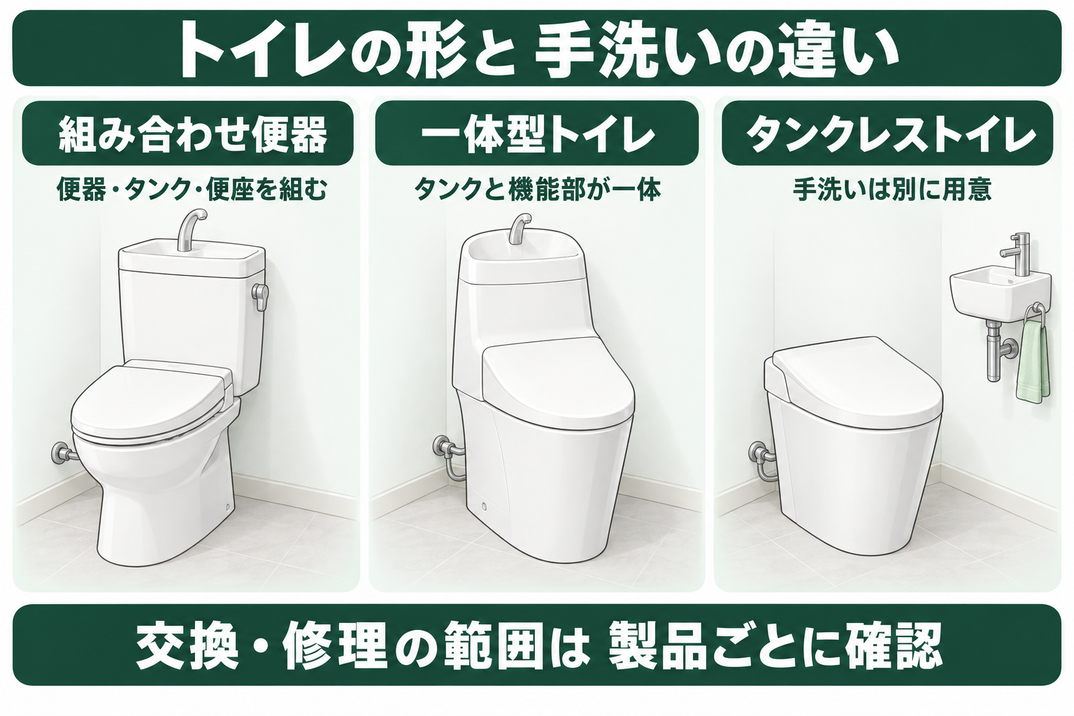 組み合わせ便器、一体型、タンクレスの形と手洗いの違いを示す図解