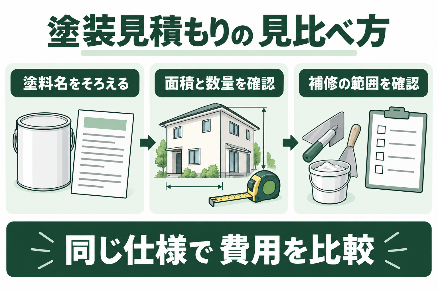 塗料名、面積と数量、補修範囲を揃えて塗装見積もりを比べる図解