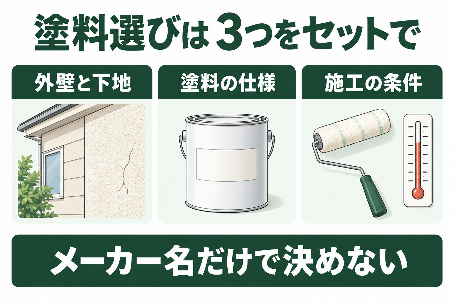 外壁と下地、塗料の仕様、施工の条件をセットで考える図解