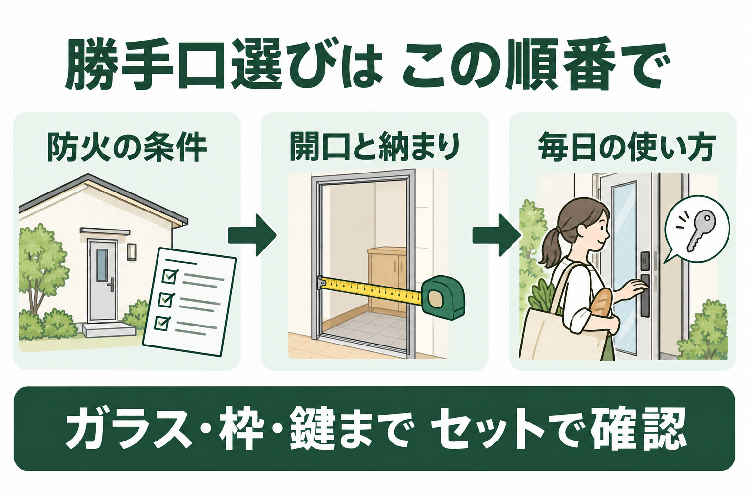 防火の条件、開口と納まり、毎日の使い方の順に勝手口を確認する図