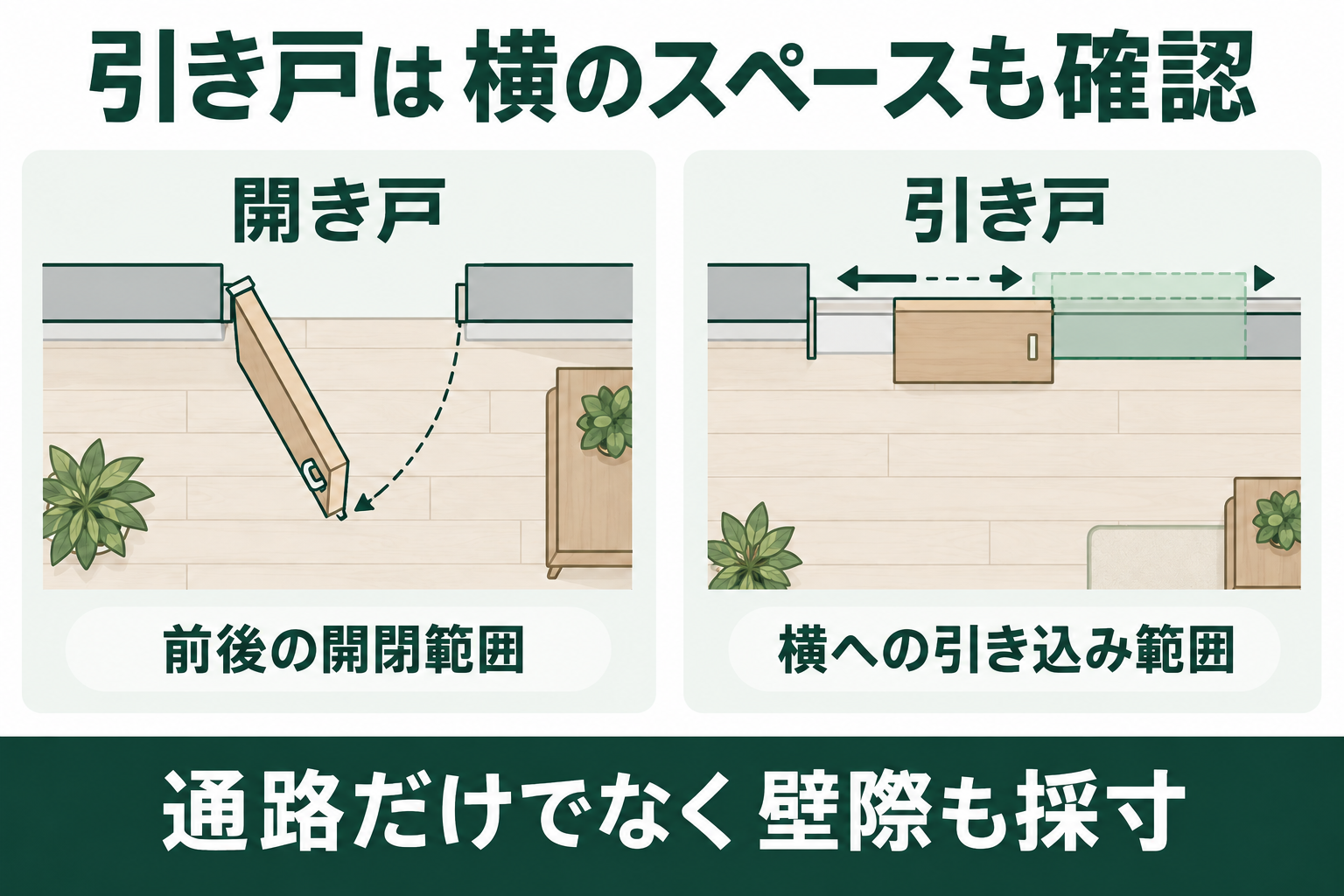 開き戸の前方の開閉空間と、スライド式の横方向の移動空間を比べる概念図