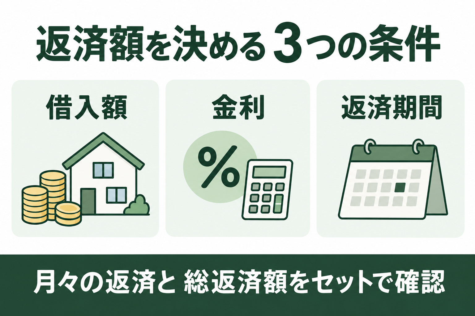 借入額、金利、返済期間をそろえて月々と総返済額を確認する図