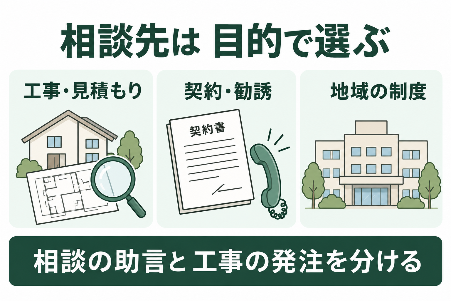 工事と見積もり、契約と勧誘、地域の制度を分けて相談先を選ぶ図