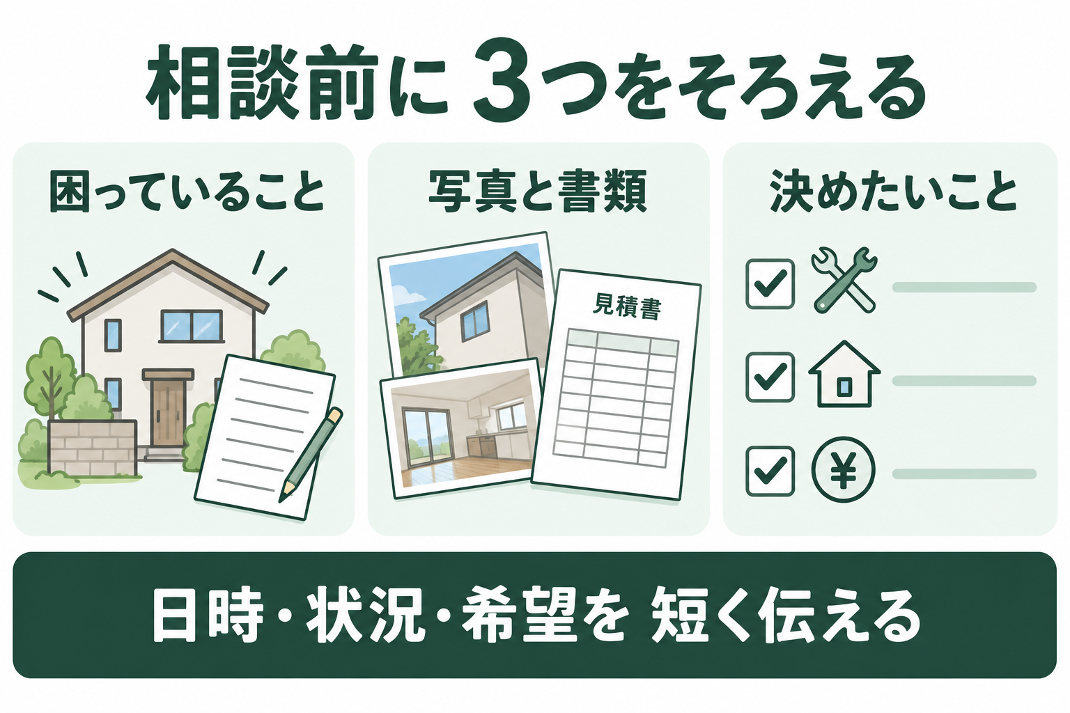 困っていること、写真と書類、決めたいことをそろえる相談準備の図