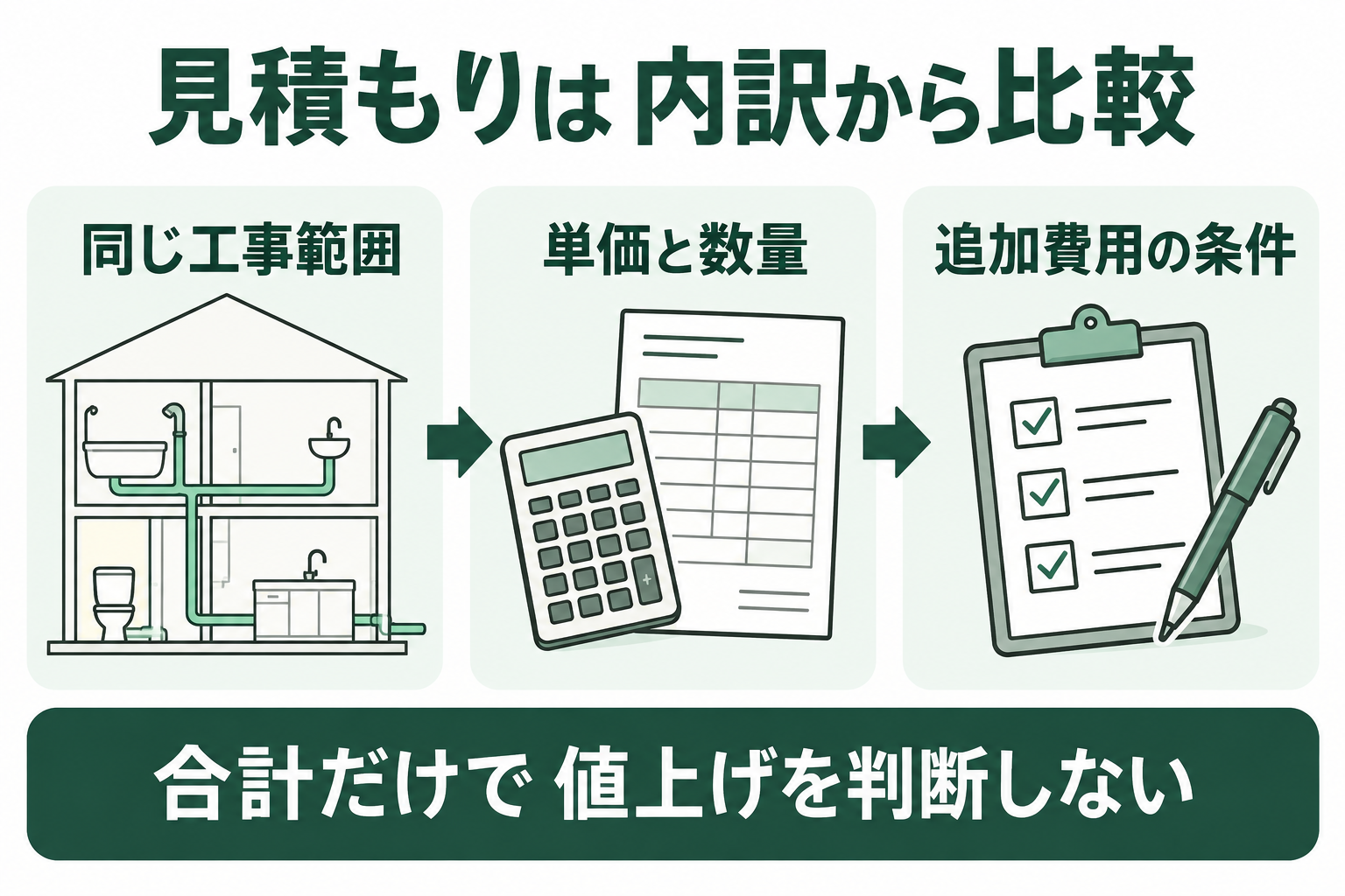 同じ工事範囲をそろえ、単価と数量、追加費用の条件を順に確認する図