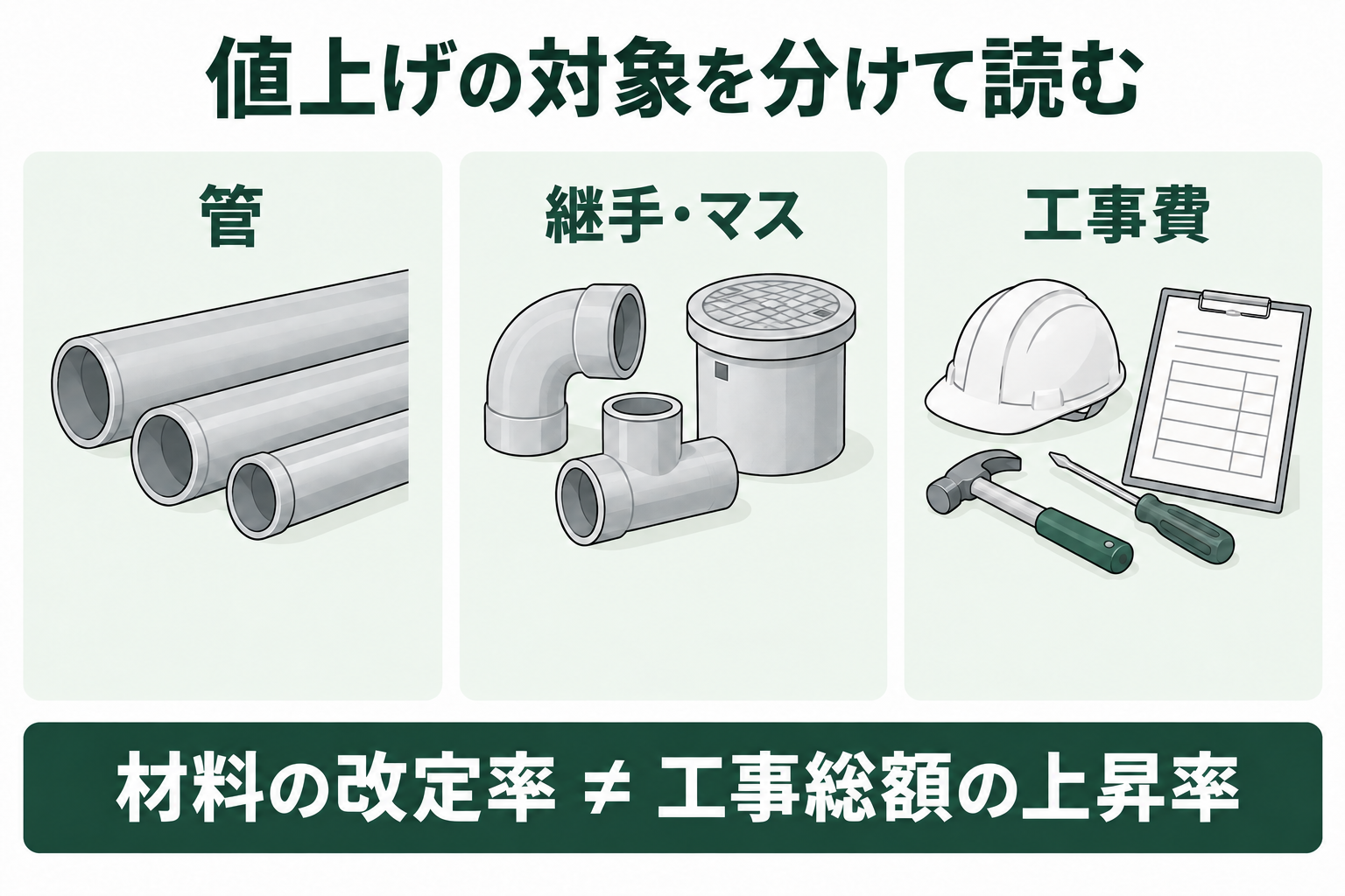 管、継手とマス、工事費を区別し、材料の改定率を工事総額に当てはめない図