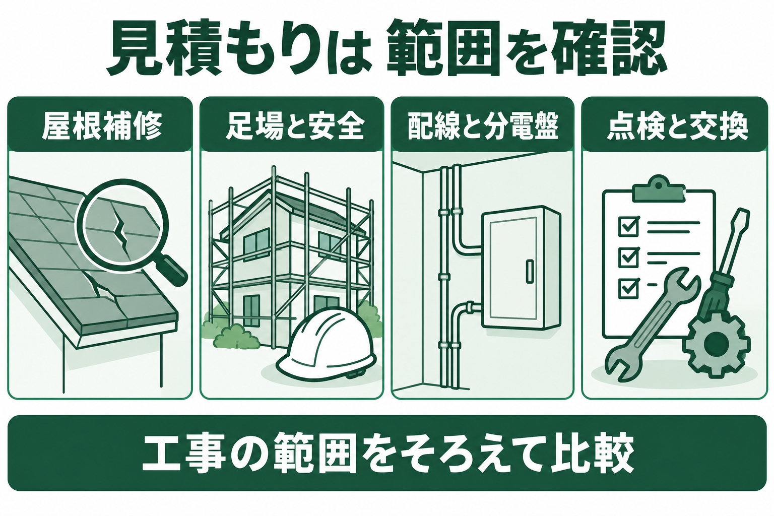 太陽光の見積もりで屋根補修、足場、配線と分電盤、引渡し後の維持費を分けて確かめる図