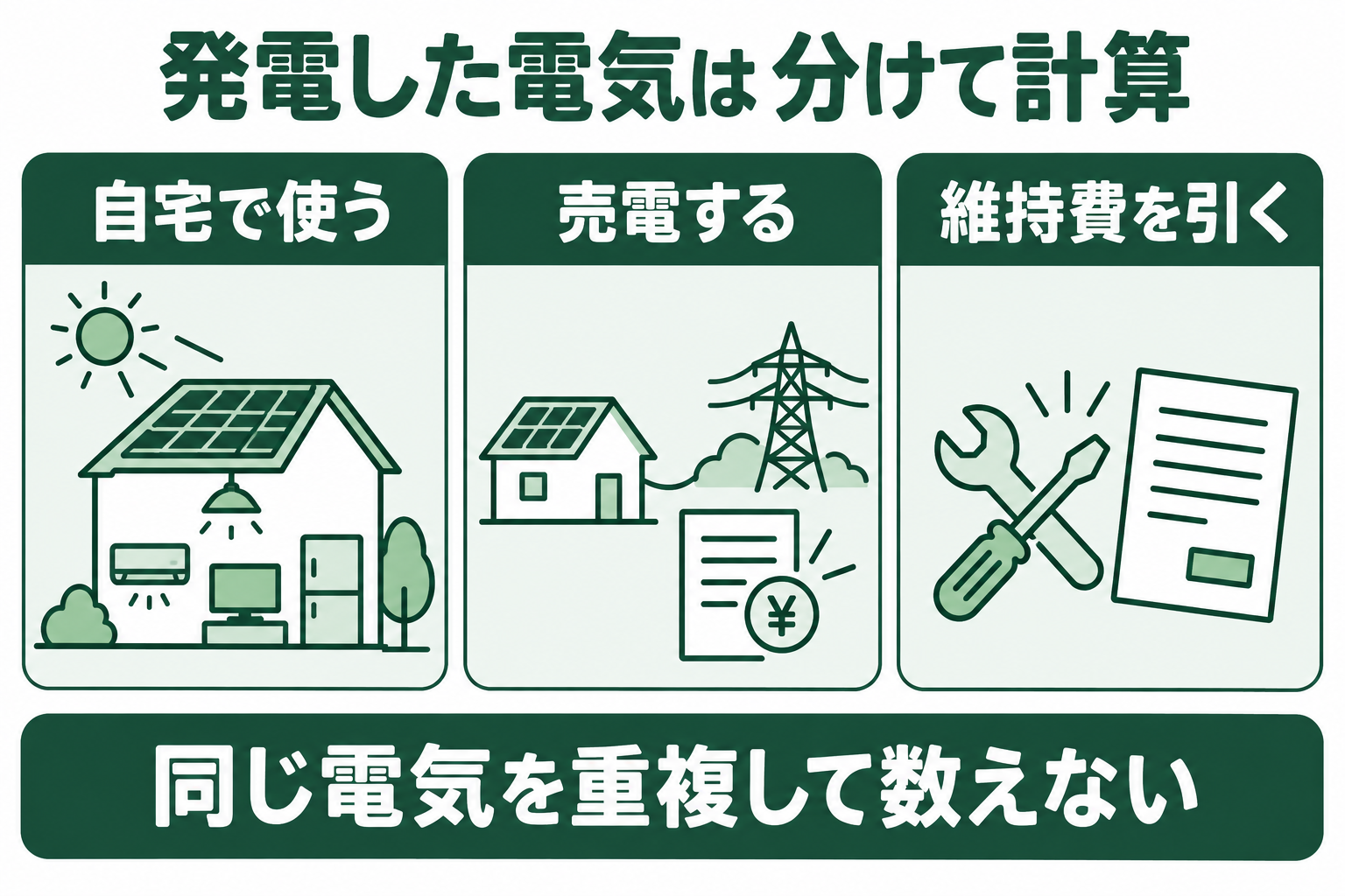 太陽光の年間メリットは自家消費の価値と売電収入を別々に計算し、維持費を引くという図