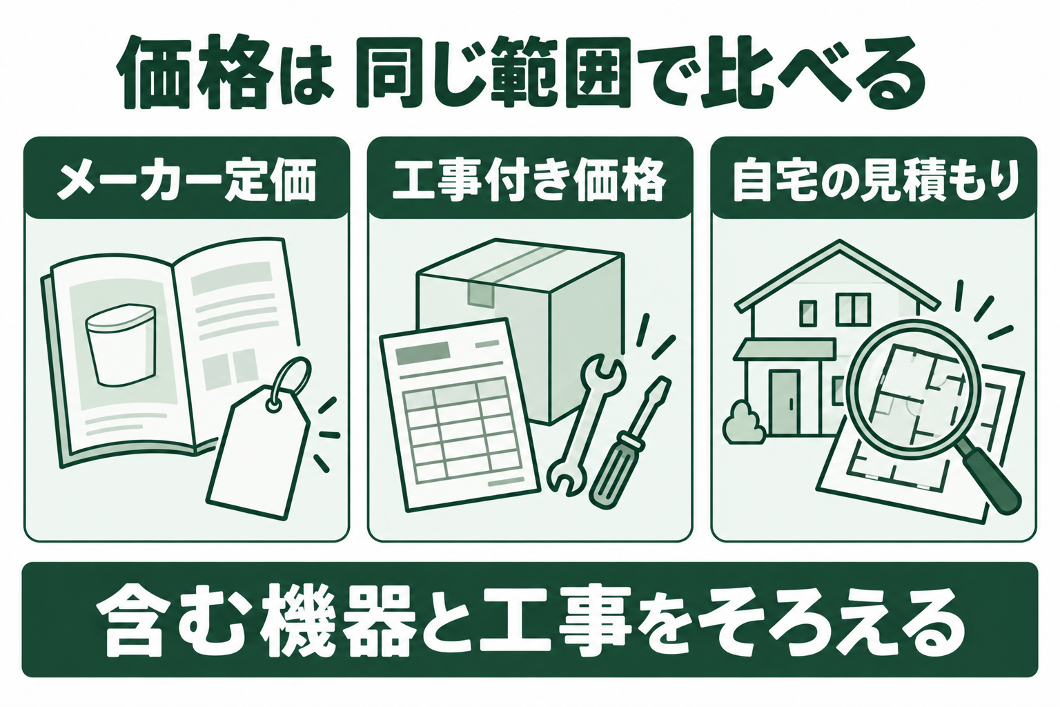 蓄電池のメーカー定価、標準工事付きの掲載価格、自宅の現地条件を反映した見積額の違いを示す図